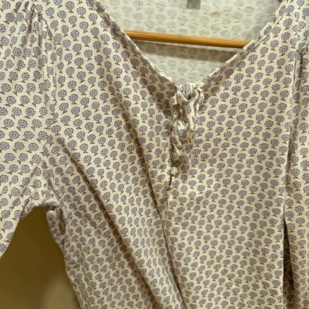 J. Crew White Purple Floral Cotton Tie Sleeve Blouse Tee Small